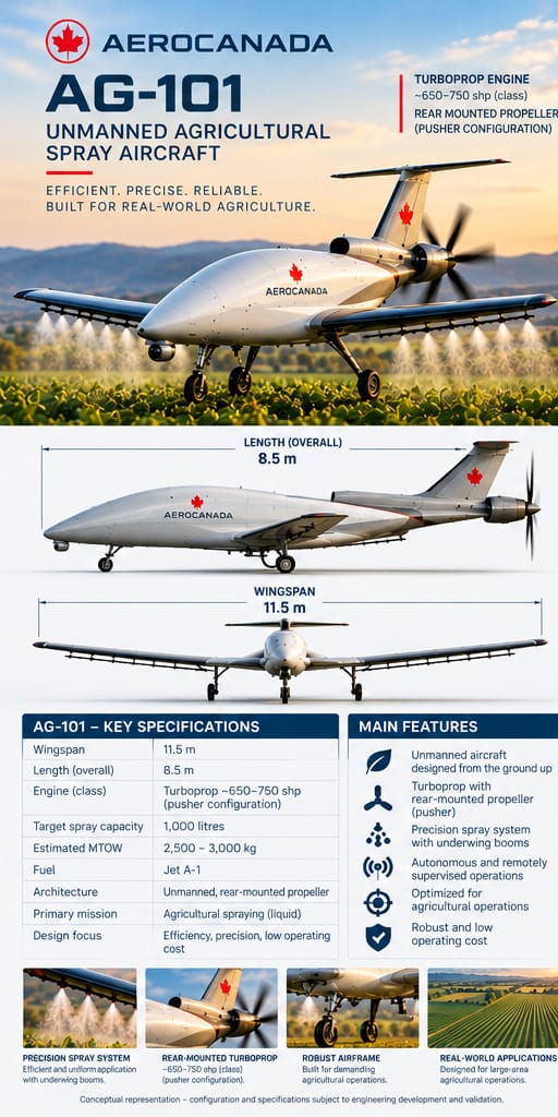 AeroCanada AG-101 unmanned agricultural spray aircraft — conceptual datasheet visual
