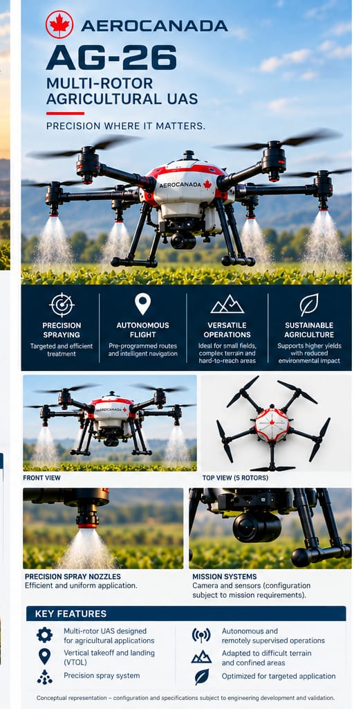 AeroCanada AG-26 five-rotor multi-rotor agricultural UAS — conceptual datasheet visual