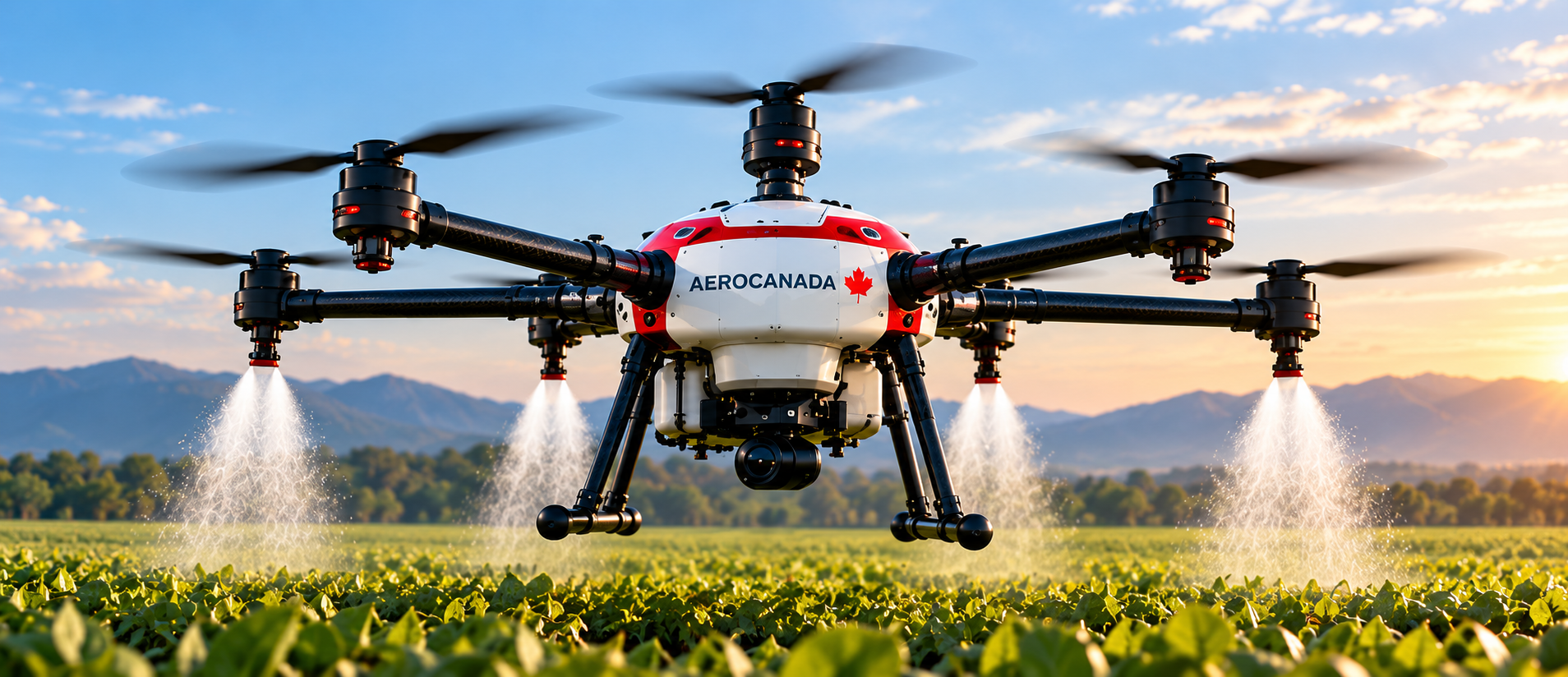 AeroCanada unmanned agricultural aircraft spraying at golden hour — conceptual representation
