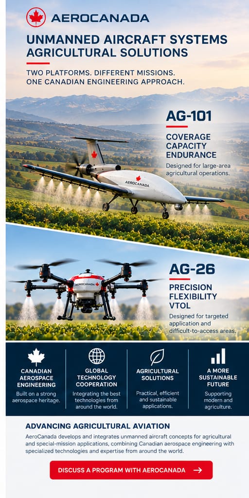 AeroCanada unmanned agricultural aircraft family: AG-101 fixed-wing spray UAS and AG-26 multi-rotor agricultural UAS