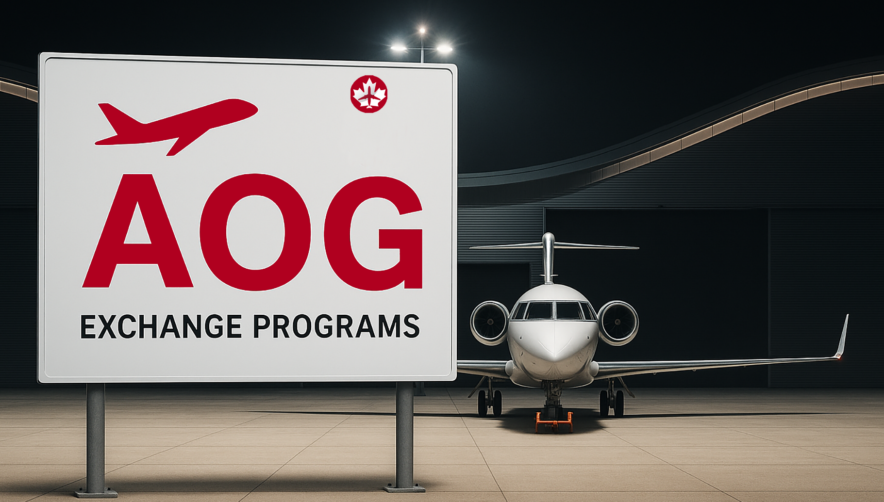 AOG sign and private jet in front of hangar at night – AeroCanada AOG & Exchange Programs