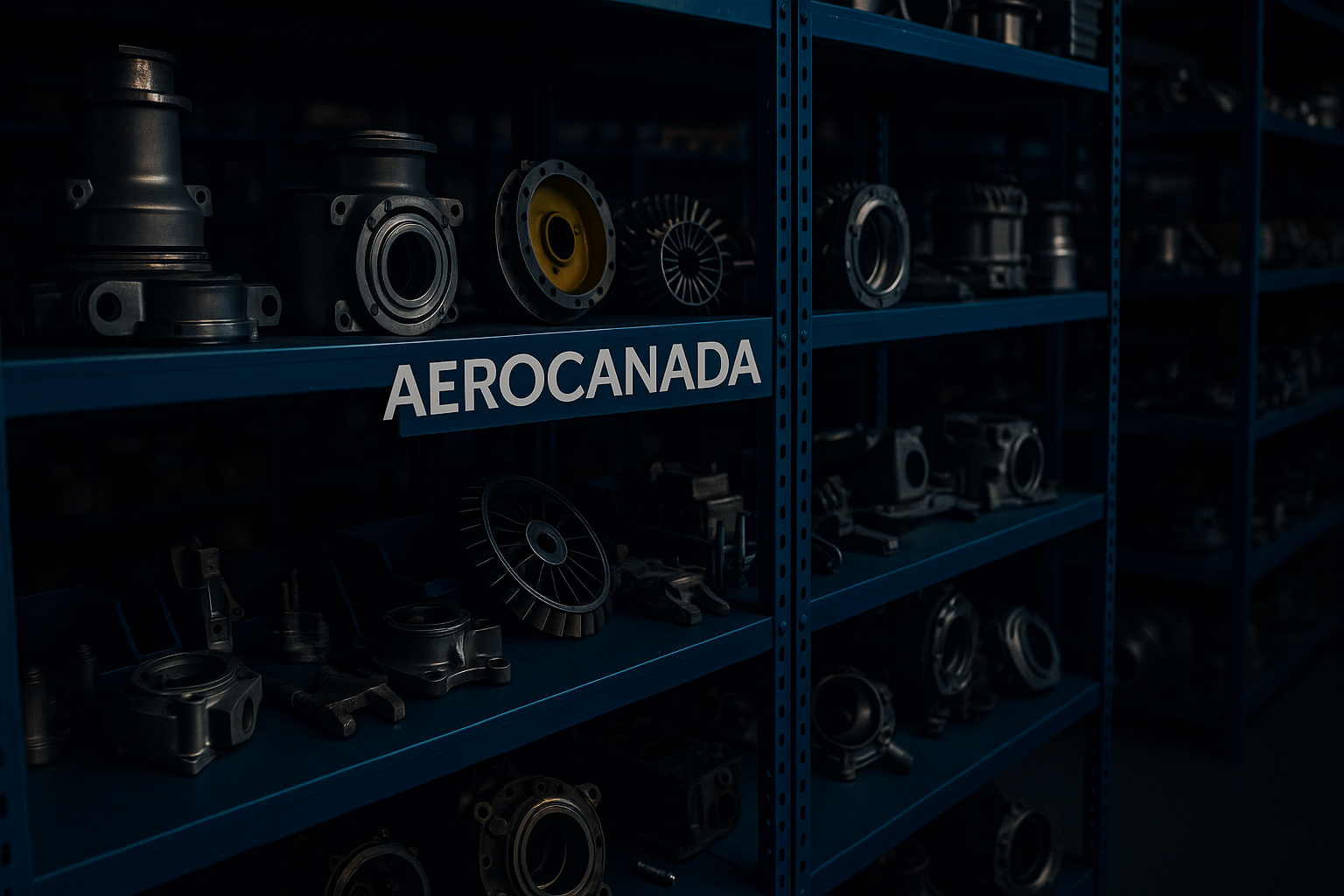 AeroCanada aircraft spare parts on warehouse shelves
